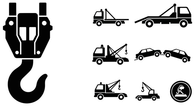 Collection of black and white tow truck icons illustrating various vehicle recovery and towing services