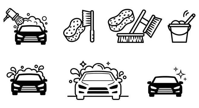 Vector graphic illustration of car wash icons and cleaning tools in a simple design