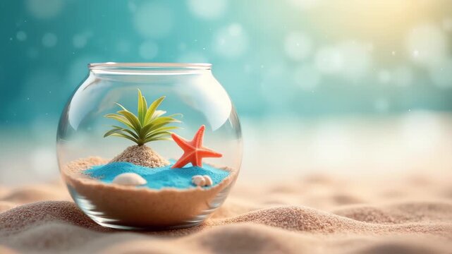 Summer mockup with transparent glass terrarium with tiny beach scene sand shells and blue water inside