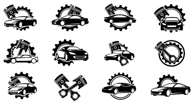 Collection of stylized vector graphic icons featuring automobiles paired with mechanical gear and piston elements