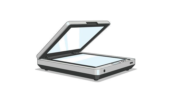 Open flatbed document scanner with its glass plate ready for digitizing paper records, photos, and administrative documents.