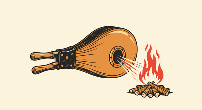 Vintage wooden bellows blowing air to stoke a small crackling campfire, illustrating outdoor camping skills, fire making, and heat energy.