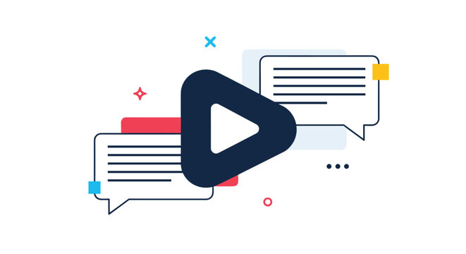 Video play icon combined with speech bubbles and geometric shapes represents digital communication, multimedia sharing, and social interaction.