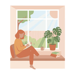 Fototapeta premium Woman relaxing by window drinking coffee and reading book, peaceful morning devotion and cozy lifestyle vector illustration