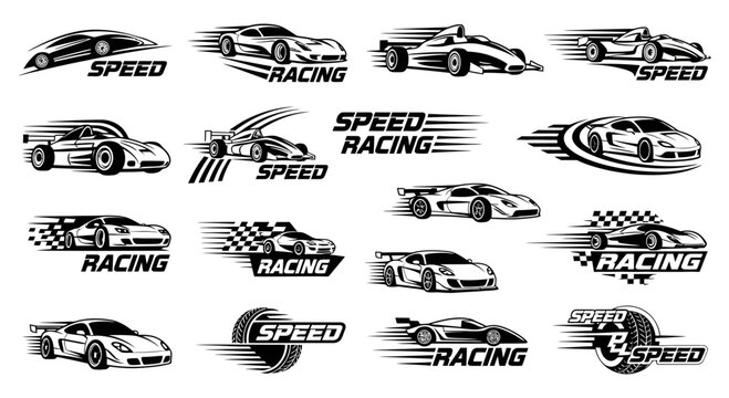 Black and white racing car logos and speed labels in various dynamic designs and fonts combined