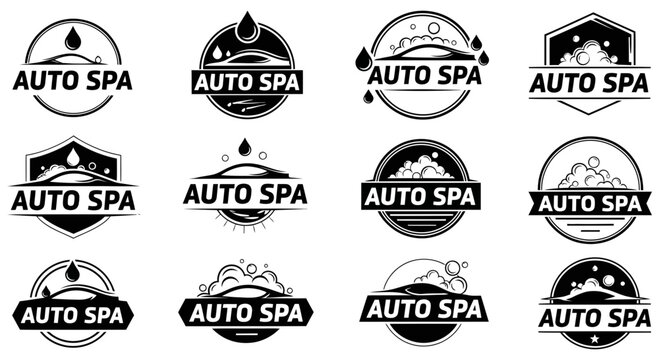 Collection of twelve stylized black and white logos featuring car washing and auto spa service designs