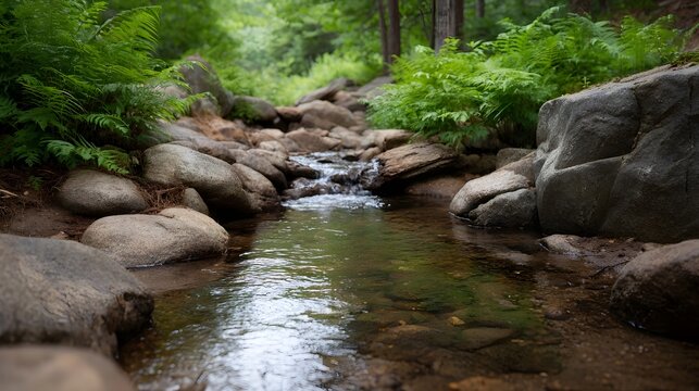 Gentle flowing water winds over smooth river rocks amidst lush vibrant green forest foliage