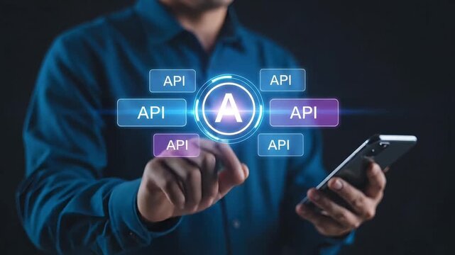 Businessman interacting with an API interface on a smartphone screen with glowing