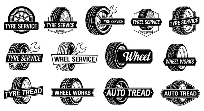 Various black and white tire service logos with different designs and typography styles