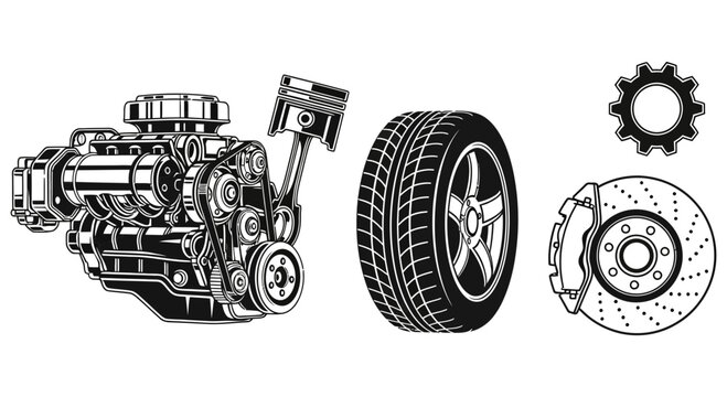 Vector illustration of classic car parts including engine, piston, wheel, brake, and gear graphic design