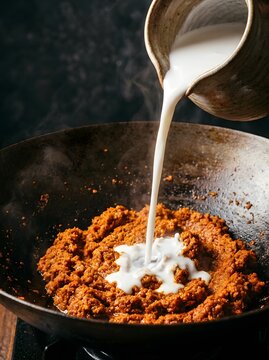 pouring fresh coconut milk into spicy rendang curry paste in black wok traditional indonesian cooking