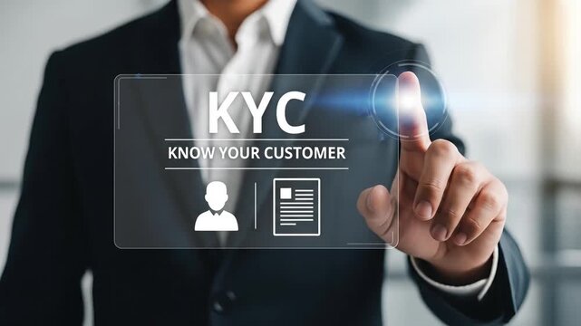 Businessman interacting with virtual interface with text KYC, touchscreen technology, futuristic digital screen