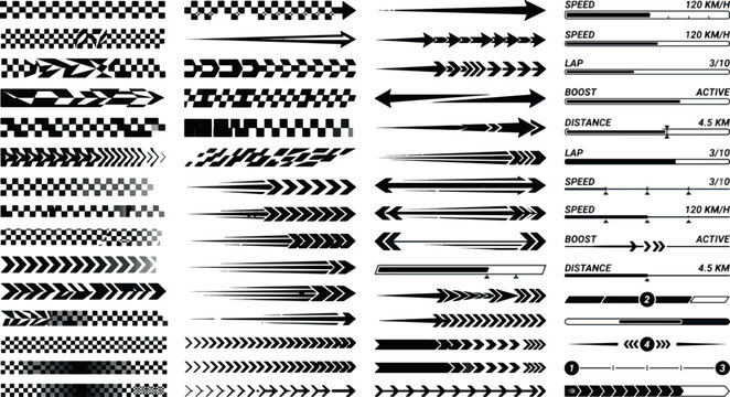 Racing car decal and speed graphics kit, checkered flag stripes, motion arrows and game hud elements isolated on white background.
