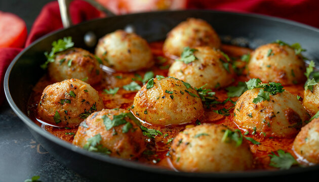 A black cast iron pan filled with golden dum aloo, a traditional Indian curry of baby potatoes simmered in spicy tomato sauce and topped with fresh cilantro leaves.