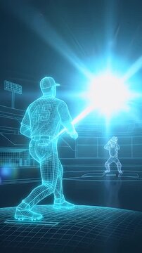 A digital wireframe representation of a baseball pitcher is captured mid-throw, with a light trail showcasing the motion of a fastball against a dark background.