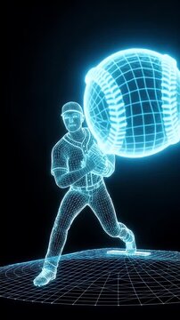 A digital wireframe depiction of a baseball pitcher in action, projecting a fastball with a light trail effect.