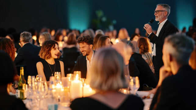Speaker addressing guests at a formal event, people networking and celebrating during a gala dinner with candles glowing