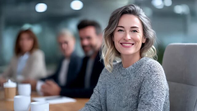 Female diversity. Human rights, equal opportunity concept. A professional portrait of a woman seated in a modern office. She wears a gray, textured sweater and has shoulderlength, wavy hair.