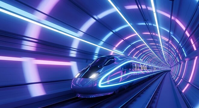 Futuristic High-Speed Train in Neon Tunnel, Sci-Fi Transportation, Cyberpunk Travel