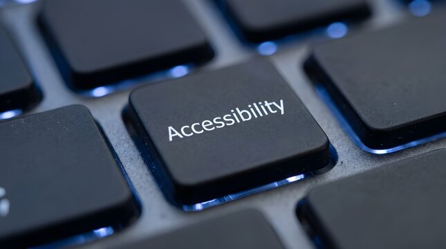 Close up view of a computer keyboard button featuring the word accessibility printed in white