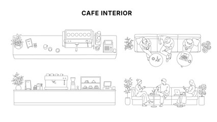 Fototapeta na wymiar Minimal CAD cafe interior drawings set with counter, coffee machine, seating area and people, top view and elevation in clean architectural line style for plans and layouts