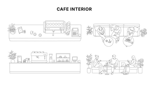 Minimal CAD cafe interior drawings set with counter, coffee machine, seating area and people, top view and elevation in clean architectural line style for plans and layouts