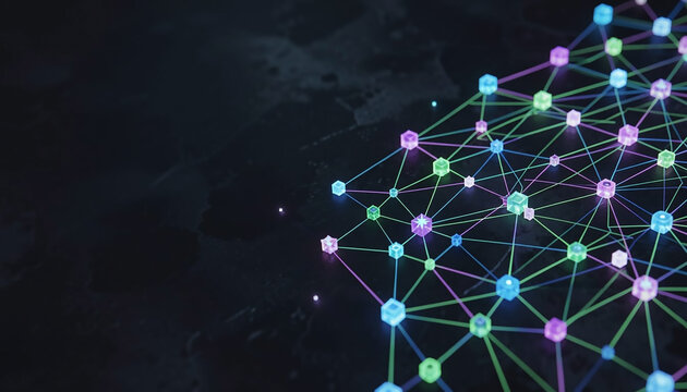 A network of glowing nodes is depicted against a dark, textured background