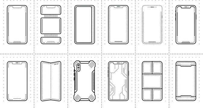 Set of smartphone and mobile device line icons, modern cellphone wireframe templates and gadget mockups isolated on white background.