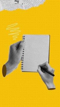 Human hand with pen write on paper art collage for reel social media ads
