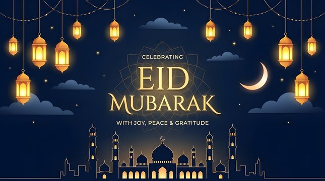 Eid ul Adha Mubarak Festive Night Sky with Crescent Moon, Lanterns, and Mosque Silhouette