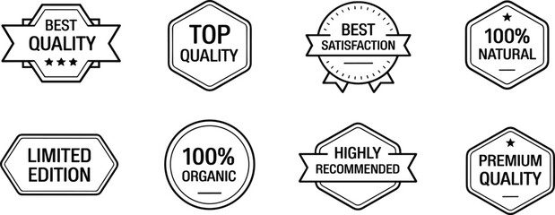 Fototapeta premium Set of eight simple black and white vector badges and labels for quality and product assurance stamp