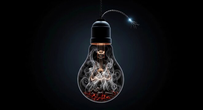 Conceptual light bulb bomb with burning fuse and smoke, creative idea explosion metaphor, dangerous innovation and burnout concept