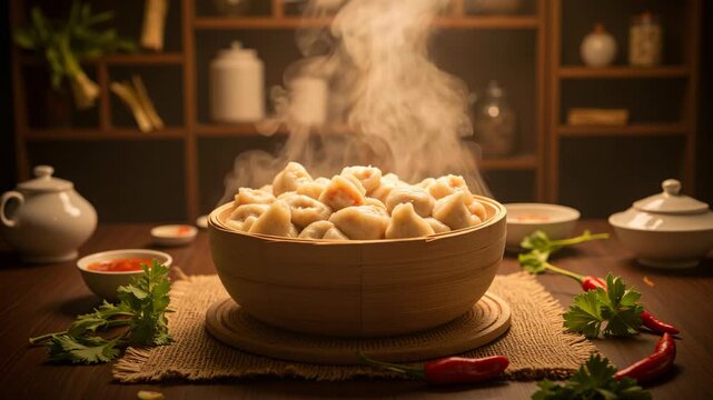 Close-up view of steaming dumplings on a wooden table with spices and ingredients.