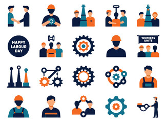 Fototapeta premium International Labour Day Industrial Worker and Gear Flat Icon Set