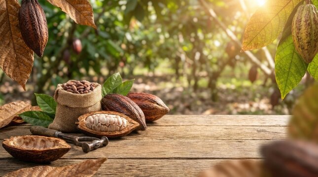 Cacao pods and beans on a wooden table with a cacao plantation background