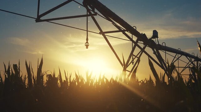 The setting sun behind the irrigation structure casts light over the corn field, highlighting the silhouettes of corn stalks and the metal irrigation system against the sun. Corn f