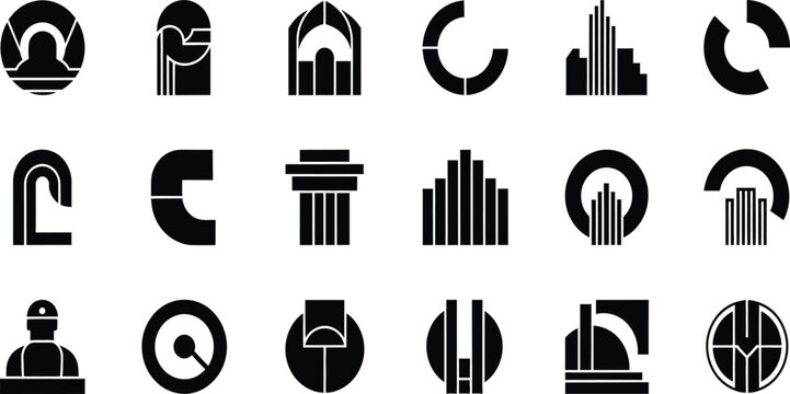 Set of black and white abstract architecture building and construction logo icons