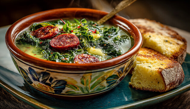 A steaming bowl of Portuguese caldo verde soup with sliced chorizo and shredded kale, served in a rustic hand-painted ceramic bowl beside toasted golden bread slices.
