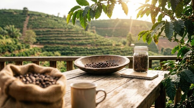 Coffee beans and a mug on a table with a coffee plantation background