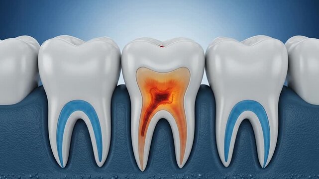 Dental health teeth with one tooth showing decay or cavity on a blue gum background