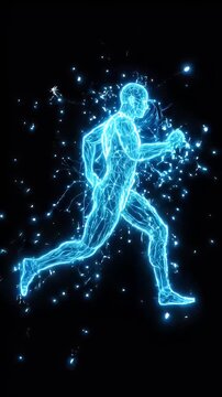 A glowing, blue wireframe representation of a human figure is shown running against a black background. The wireframe appears to flicker slightly, creating a dynamic and futuristic effect.