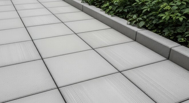 Modern Square Concrete Pavers with a Brushed Finish Bordering Lush Greenery