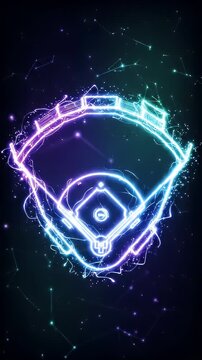 A neon wireframe visualization of a baseball diamond glowing vibrantly against a dark background. The dynamic light patterns create an abstract and futuristic feel, highlighting the outline and