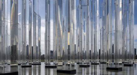 Obraz premium Abstract architectural display of vertical transparent columns reflecting daylight