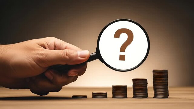 Hand holding magnifying glass with question mark examining stacked coins financial investigation concept