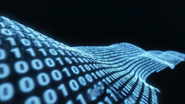 Binary code wave in digital space emphasizing advanced technology and cybersecurity