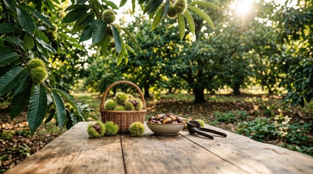 Freshly Harvested Chestnuts in a Basket and Bowl on a Wooden Table