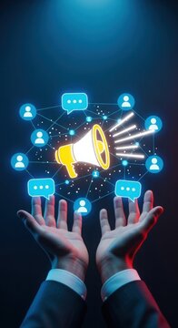 Hands holding glowing megaphone icon with social media marketing and digital communication network symbols