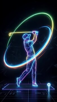 A vibrant neon wireframe illustration depicts a golfer mid-swing, with a dynamic, glowing trajectory arc surrounding the figure on a dark background.
