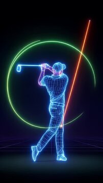 A dynamic neon wireframe illustration of a golfer in mid-swing, accompanied by a glowing arc depicting the trajectory of the golf ball.